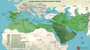 Map-shaped image showing the legacy of Umar's conquest, with marked areas and territories affected by his leadership and expansion."