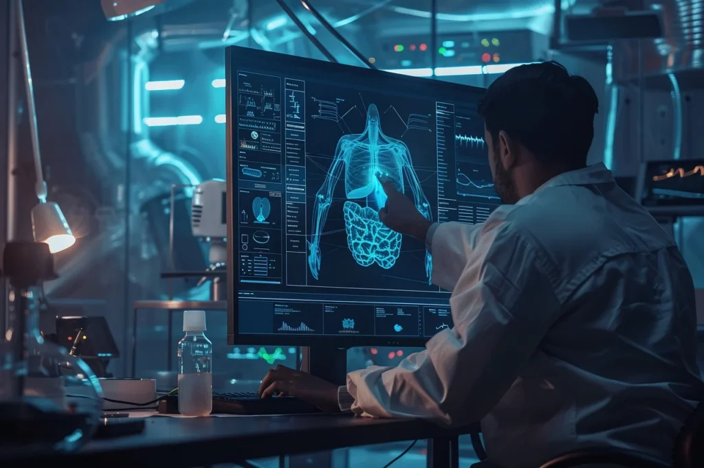 A person examining a 3D model of a human body on a laptop screen, symbolizing the advancements of the Islamic Golden Age and their influence on modern science."