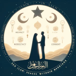 An illustration of a modestly silhouetted married couple, symbolizing Islamic values about sexuality within marriage. The background features a crescent moon and star, representing Islam. Surrounding the couple are calligraphy words in Arabic and English, including 'Marriage,' 'Respect,' 'Modesty,' 'Love,' and 'Consent.' A phrase at the bottom reads, 'Sex in Islam: Sacred Within Marriage.'"