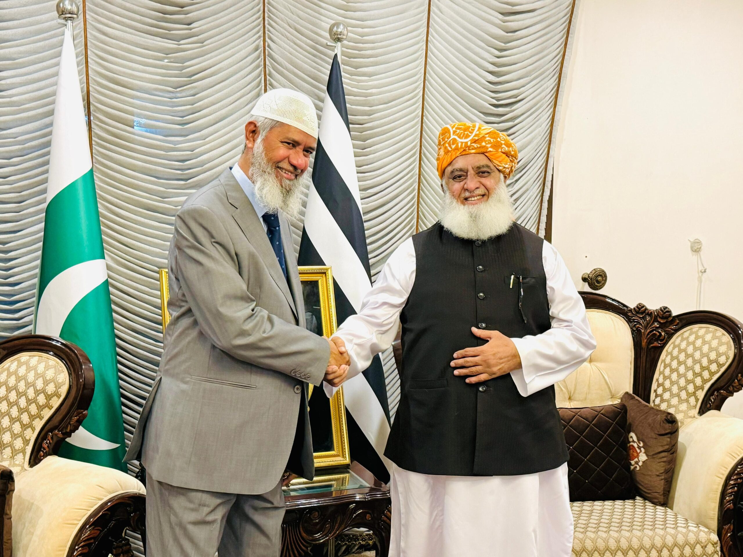 "A moment of profound dialogue between Dr. Zakir Naik and Maulana Fazlur Rahman, as they share perspectives on religious leadership and the future of the Muslim world