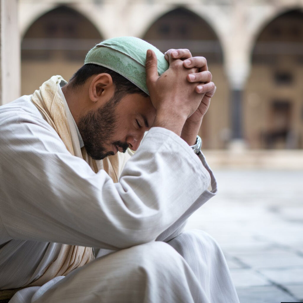 "A man sitting in front of a mosque, holding his head in despair, symbolizing the search for peace through faith."